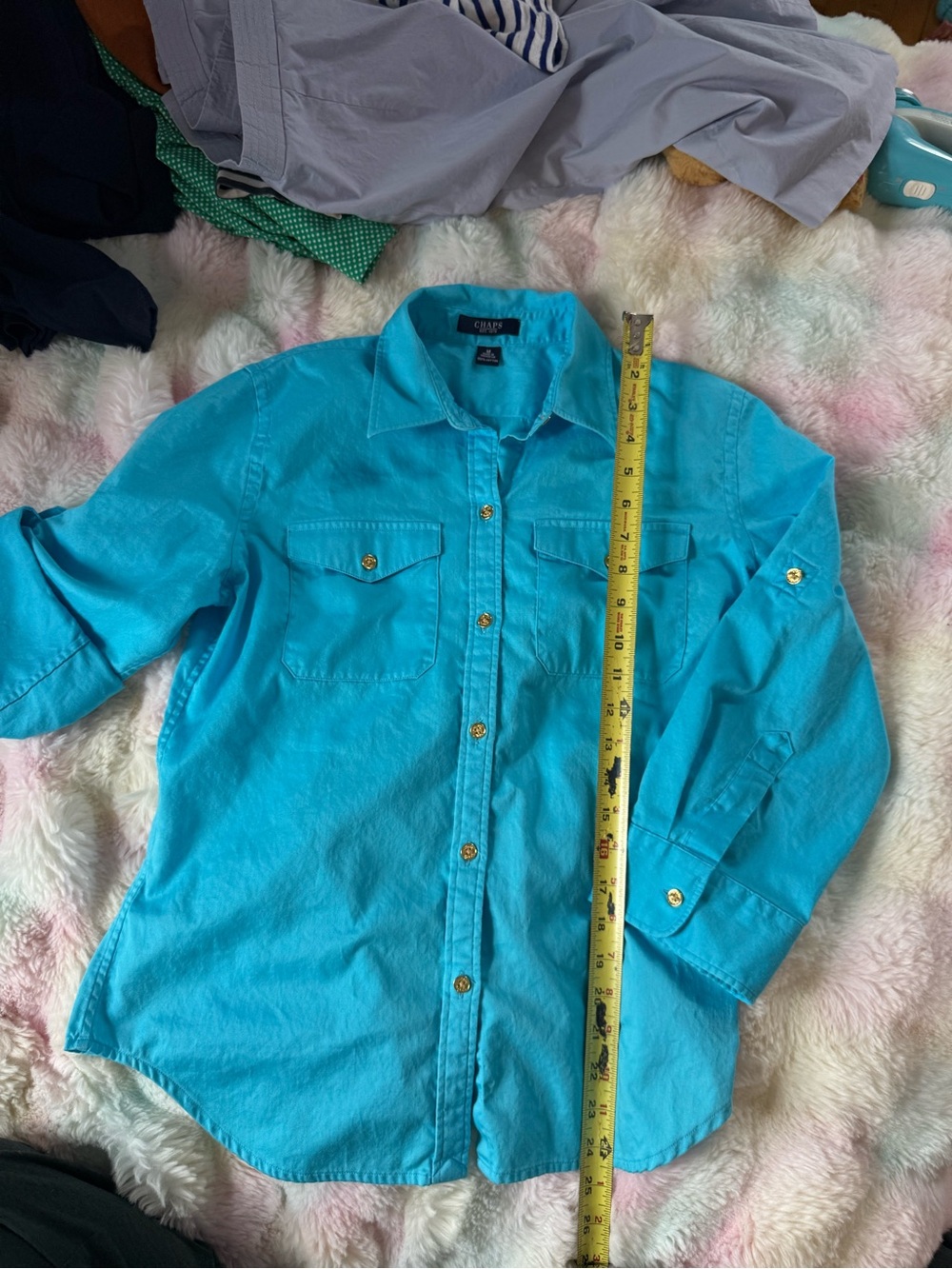 Chaps Est 1978 Turquoise Button Down Shirt Gold Buttons Cotton M